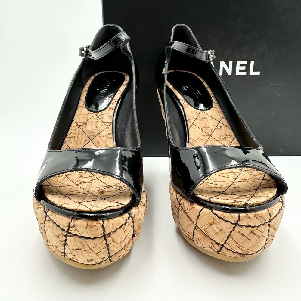 Chanel Black Patent Leather Quilted Cork Platform Peep Toe Heels - Picture 5 of 12